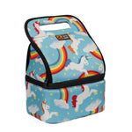 Insulated lunch box with unicorn and rainbow pattern on a white background