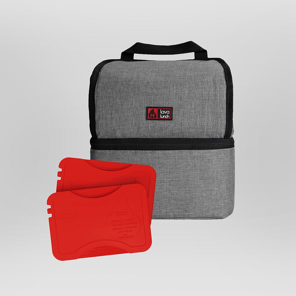 Grey insulated lunch bag with Lava Rocks on a light grey background