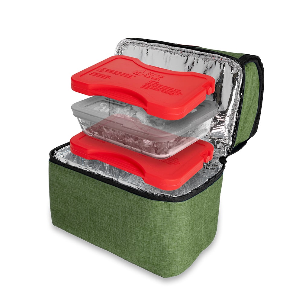 Insulated green lunch bag with Lava Rocks on a white background