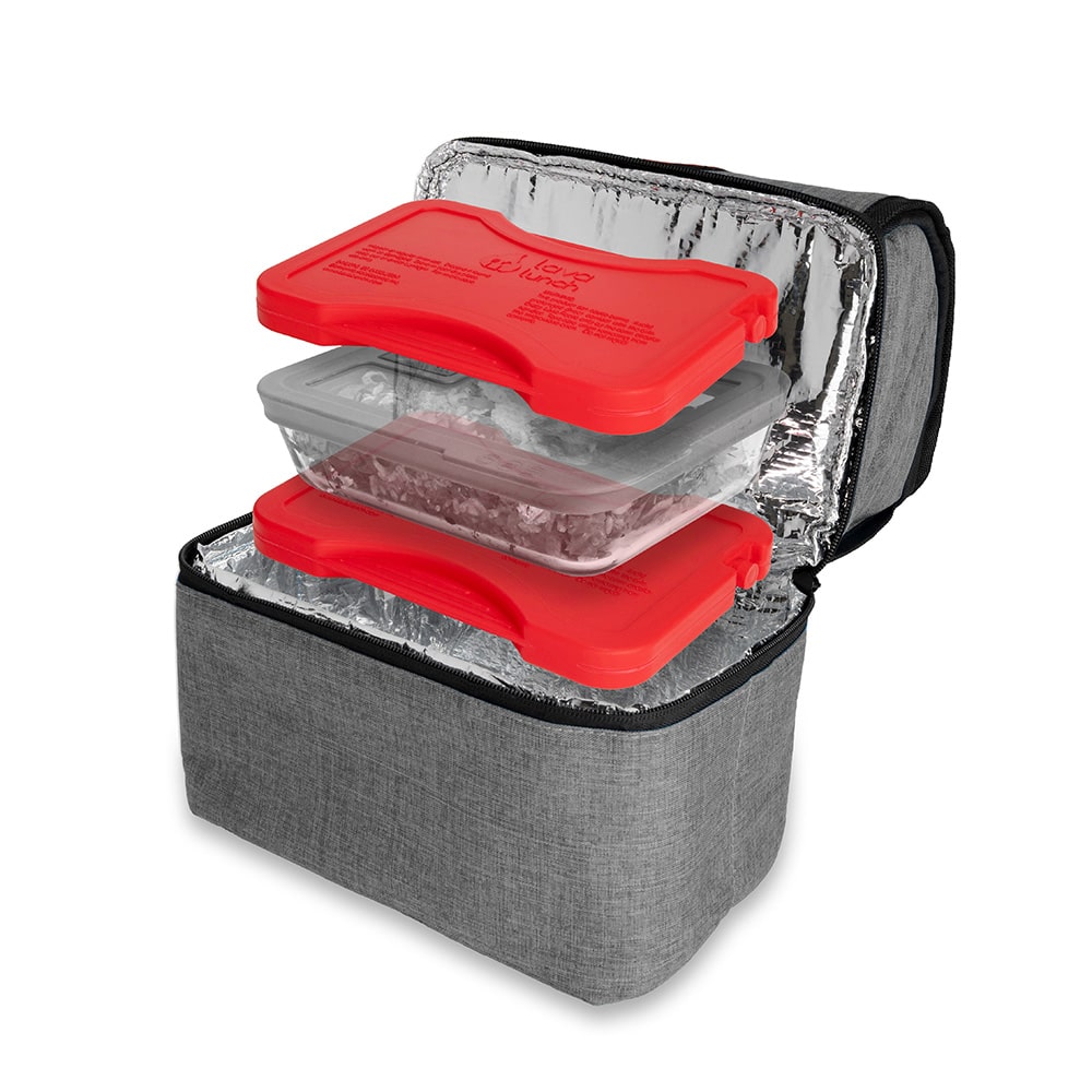 Insulated grey lunch bag with Lava Rocks on a white background