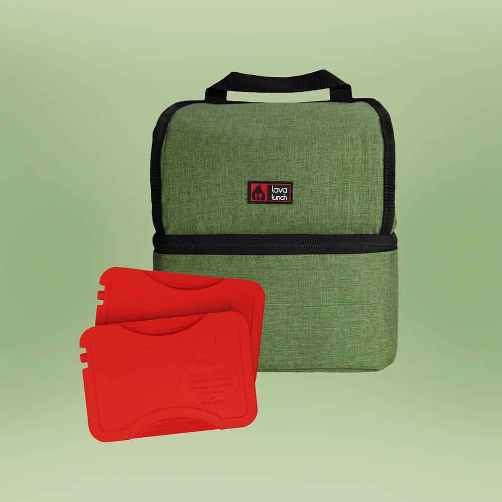 Green lunch bag with Lava Rocks on a light green background
