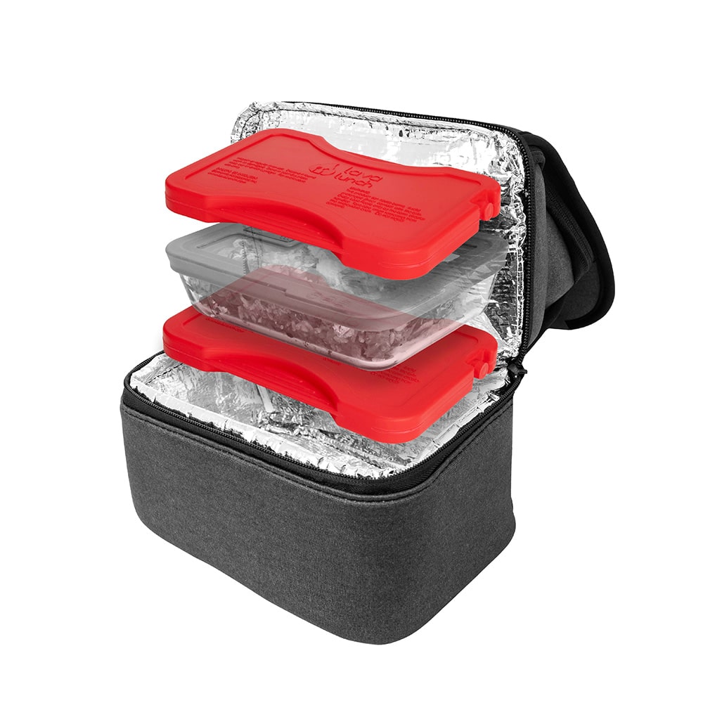 Insulated grey lunch bag with Lava Rocks on a white background