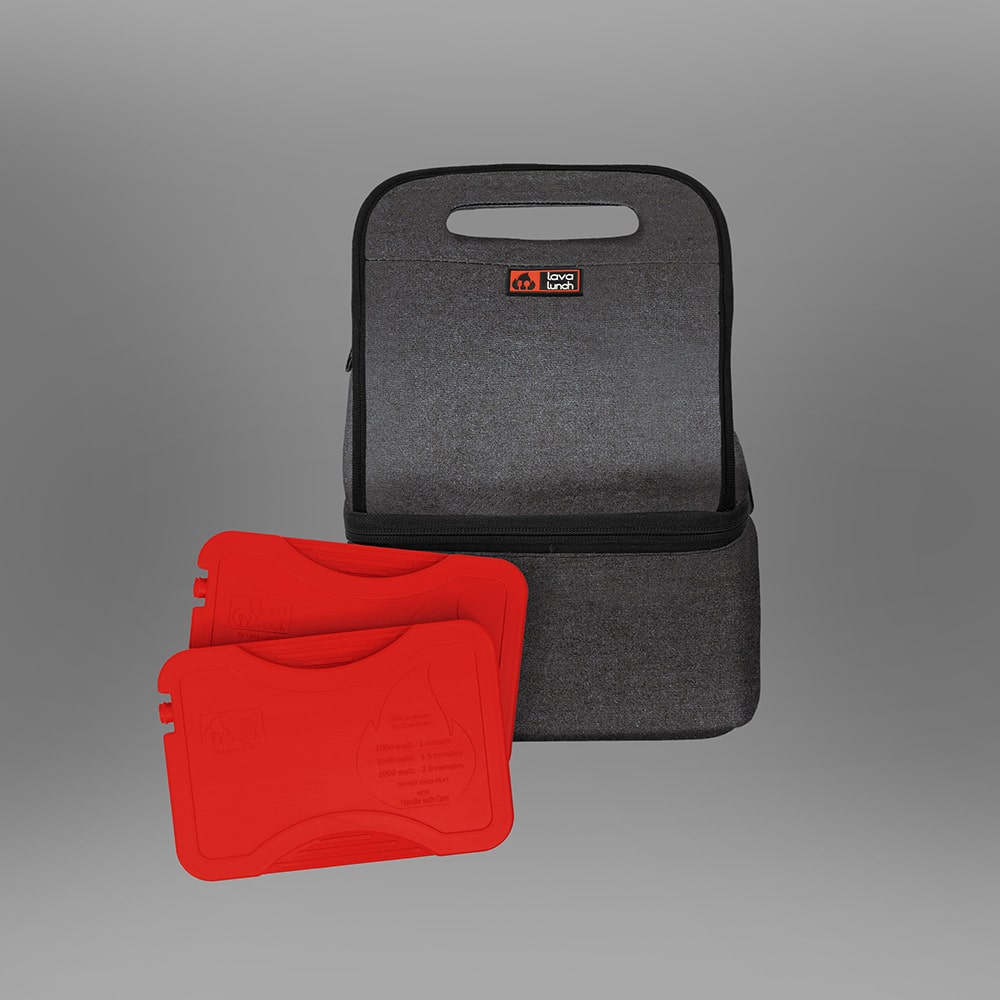 Grey insulated lunch bag with Lava Rocks on a grey background