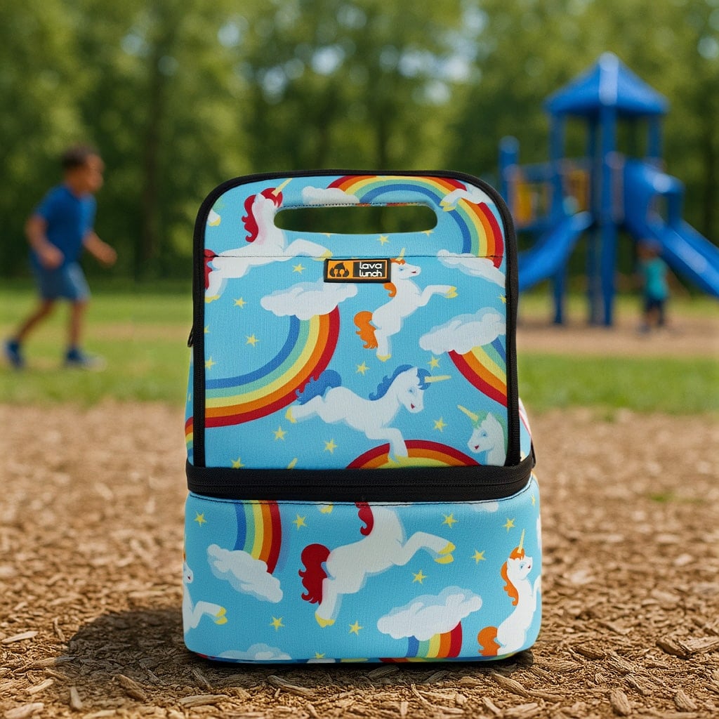 Unicorn and rainbow-patterned lunch bag on a playground ground with children playing in the background